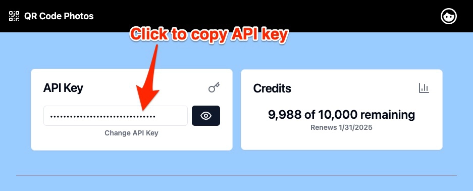 QRCode Photos API key screenshot
