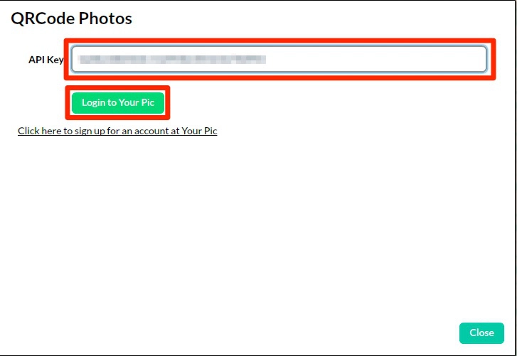 Sparkbooth QR Code Photos API key screenshot